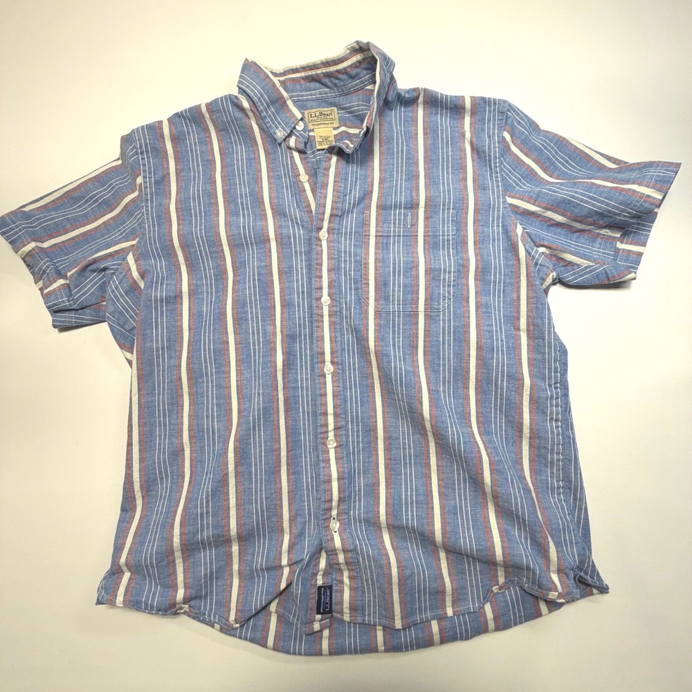 L.L. Bean 518084 Blue Striped Short Sleeve Button Down M